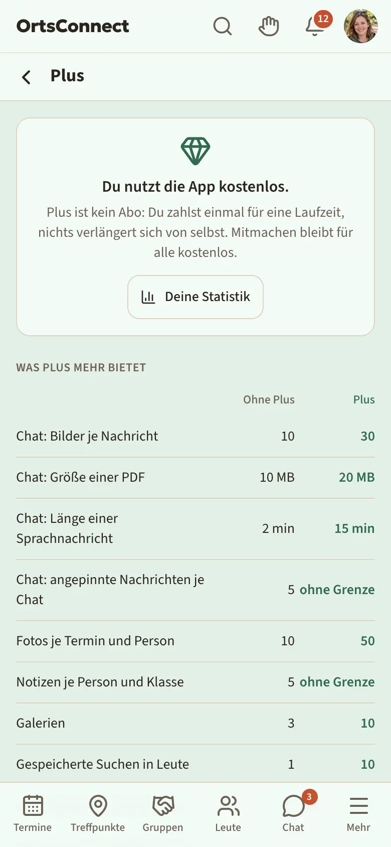 Seite „Plus“ im Browser am Handy: oben „Du nutzt die App kostenlos.“ und der Satz „Plus ist kein Abo …“, darunter die Tabelle „Was Plus mehr bietet“ mit den Spalten „Ohne Plus“ und „Plus“, darunter „Plus holen“ mit den Laufzeiten 1 Monat und 12 Monate und „Weiter zum Bezahlen“