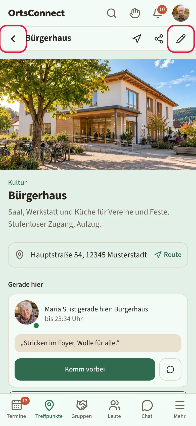 Seite eines Treffpunkts am Handy, Kopfzeile mit Logo, Suche, Glocke und Avatar markiert, Seitenkopf mit Zurück-Pfeil und Stift-Symbol markiert, untere Leiste mit dem Bereich „Treffpunkte“ hervorgehoben