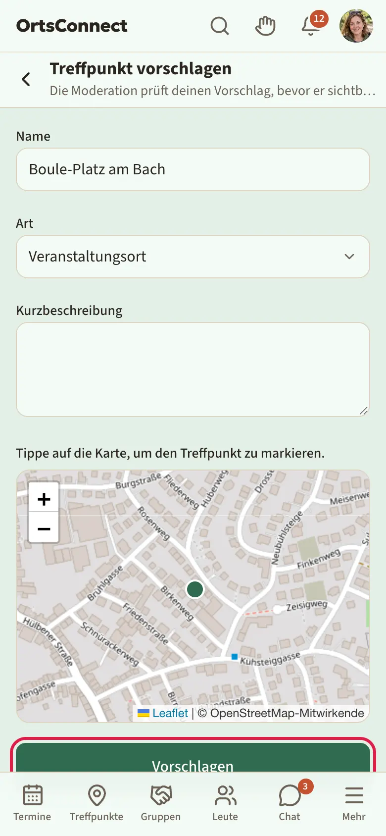 Seite „Treffpunkt vorschlagen“ ausgefüllt, Karte mit gesetzter Markierung, Feld „Für Organisation“ und Knopf „Vorschlagen“ markiert