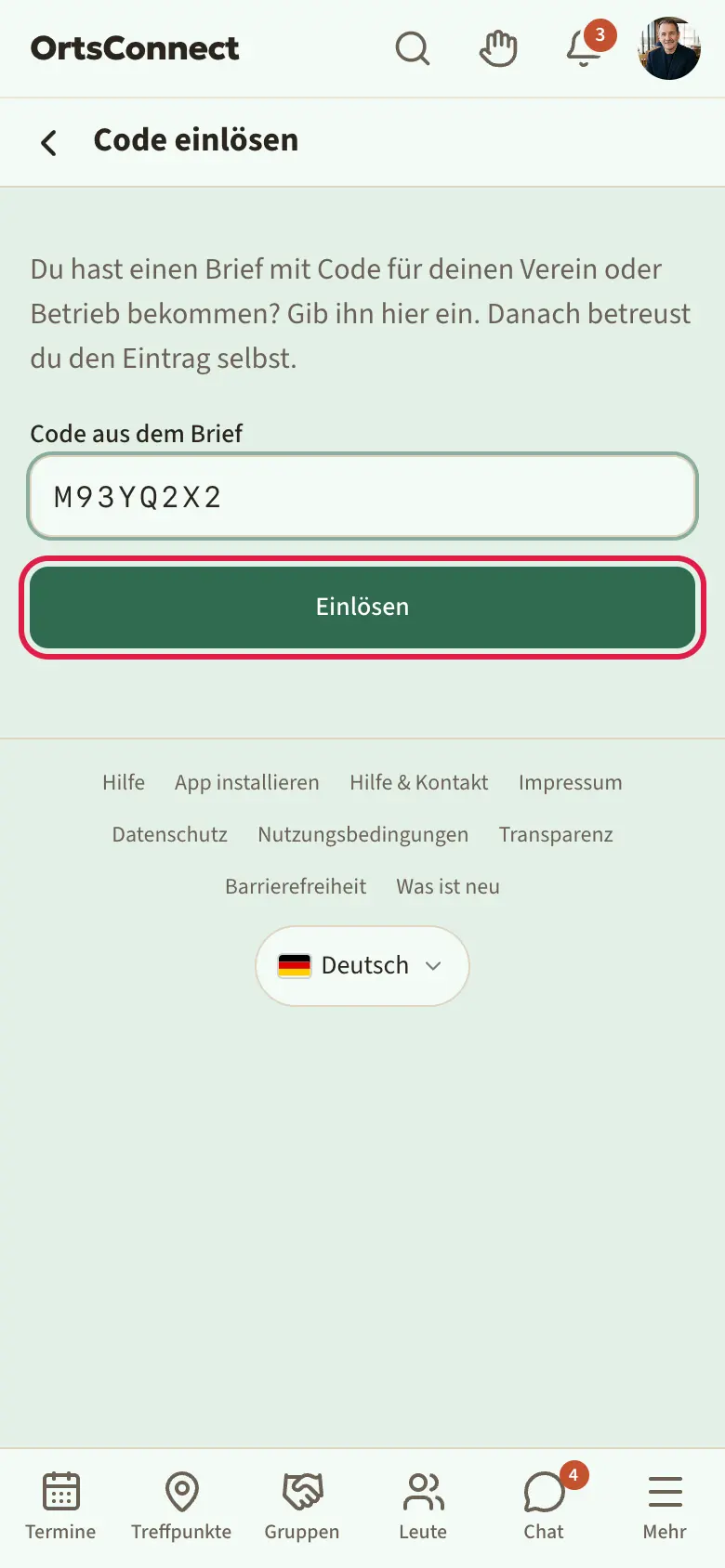 Seite „Code einlösen“, Feld „Code aus dem Brief“ mit eingegebenem Code, Knopf „Einlösen“ markiert