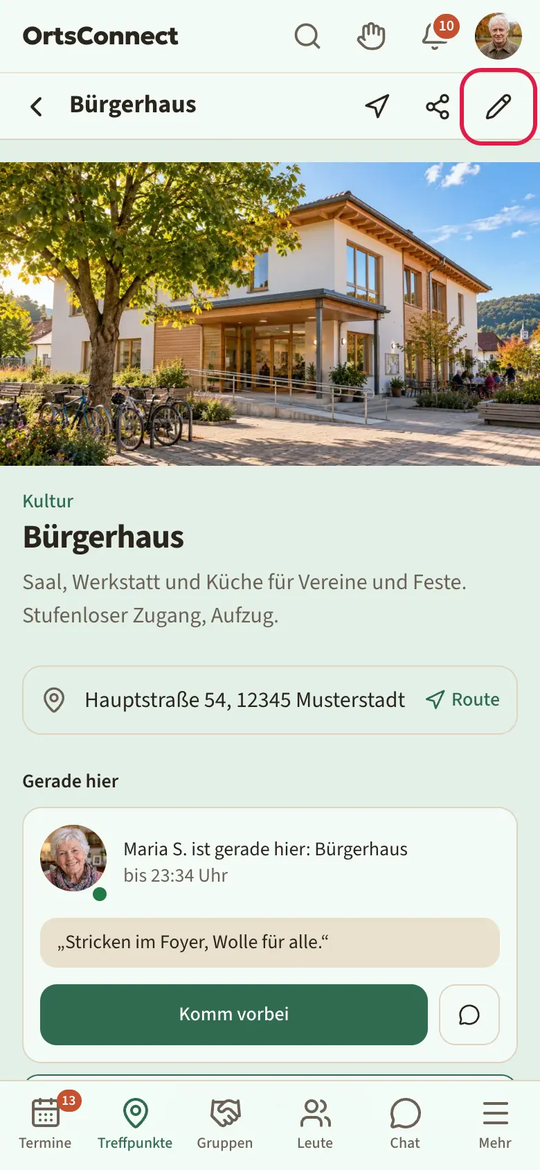 Seite eines eigenen Treffpunkts, Stift-Symbol „Verwalten“ oben rechts im Seitenkopf deutlich markiert