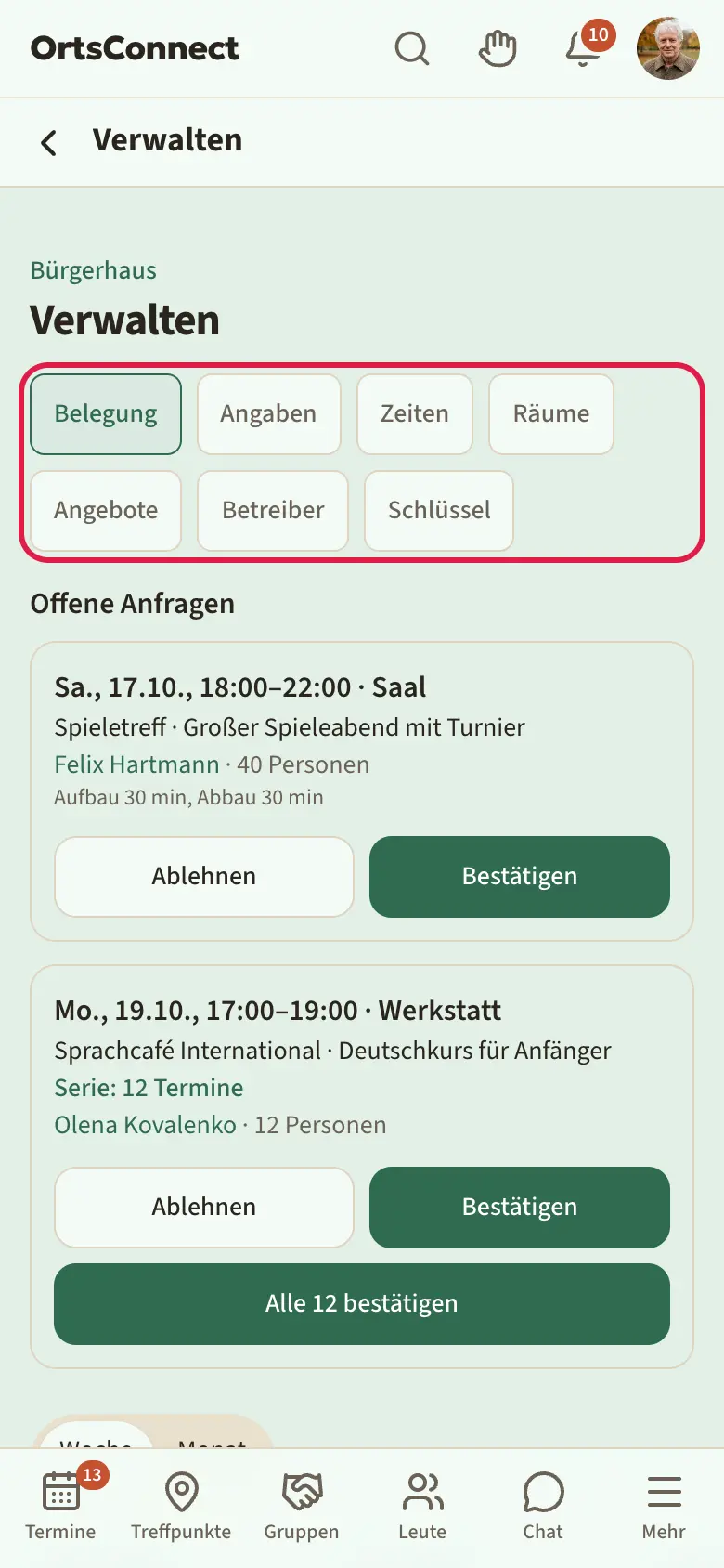 Verwaltung eines Treffpunkts, Reiter „Belegung · Angaben · Zeiten · Räume · Angebote · Betreiber“ markiert