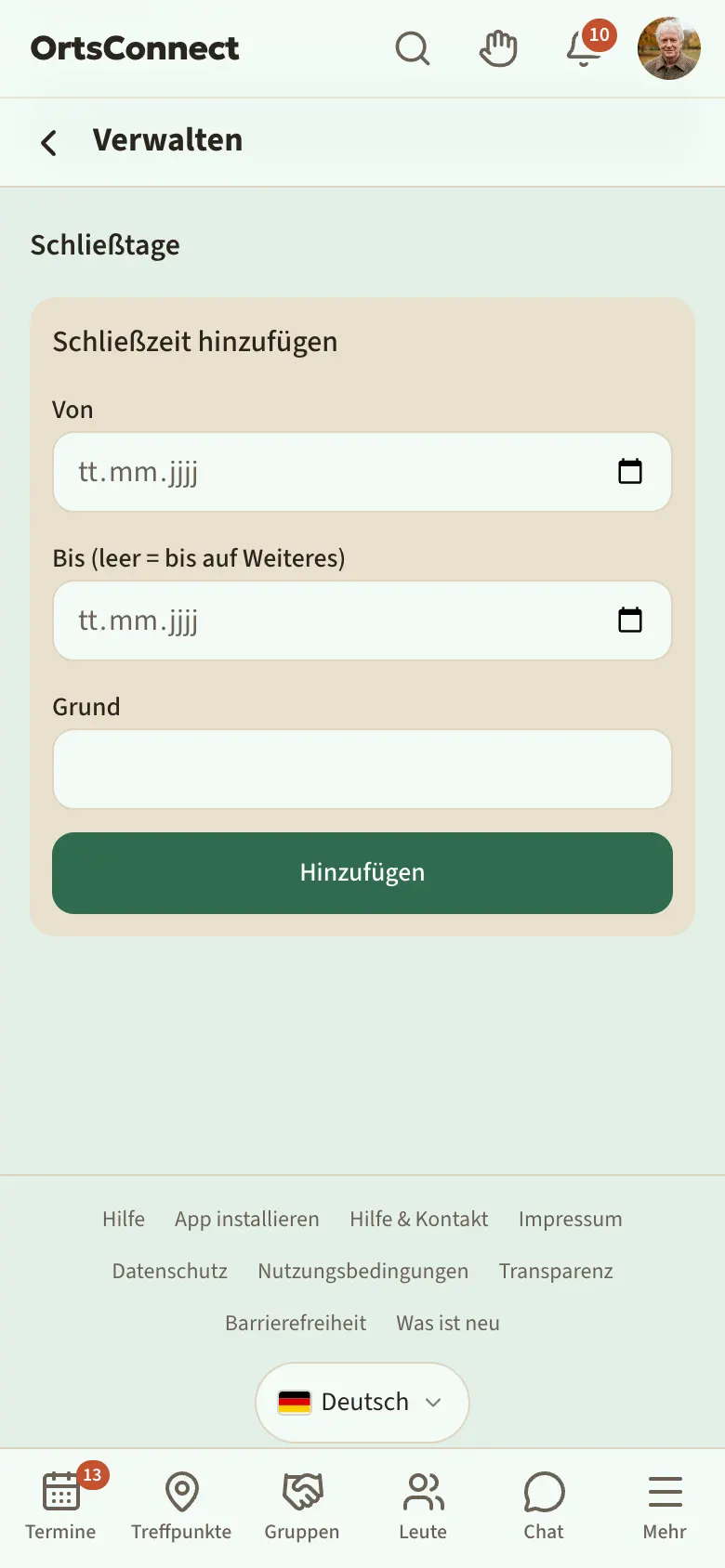 Verwaltung › Zeiten, Abschnitt „Schließtage“ mit einem Eintrag „Geschlossen vom … bis …“ und Grund, darunter der ausgefüllte Kasten „Schließzeit hinzufügen“