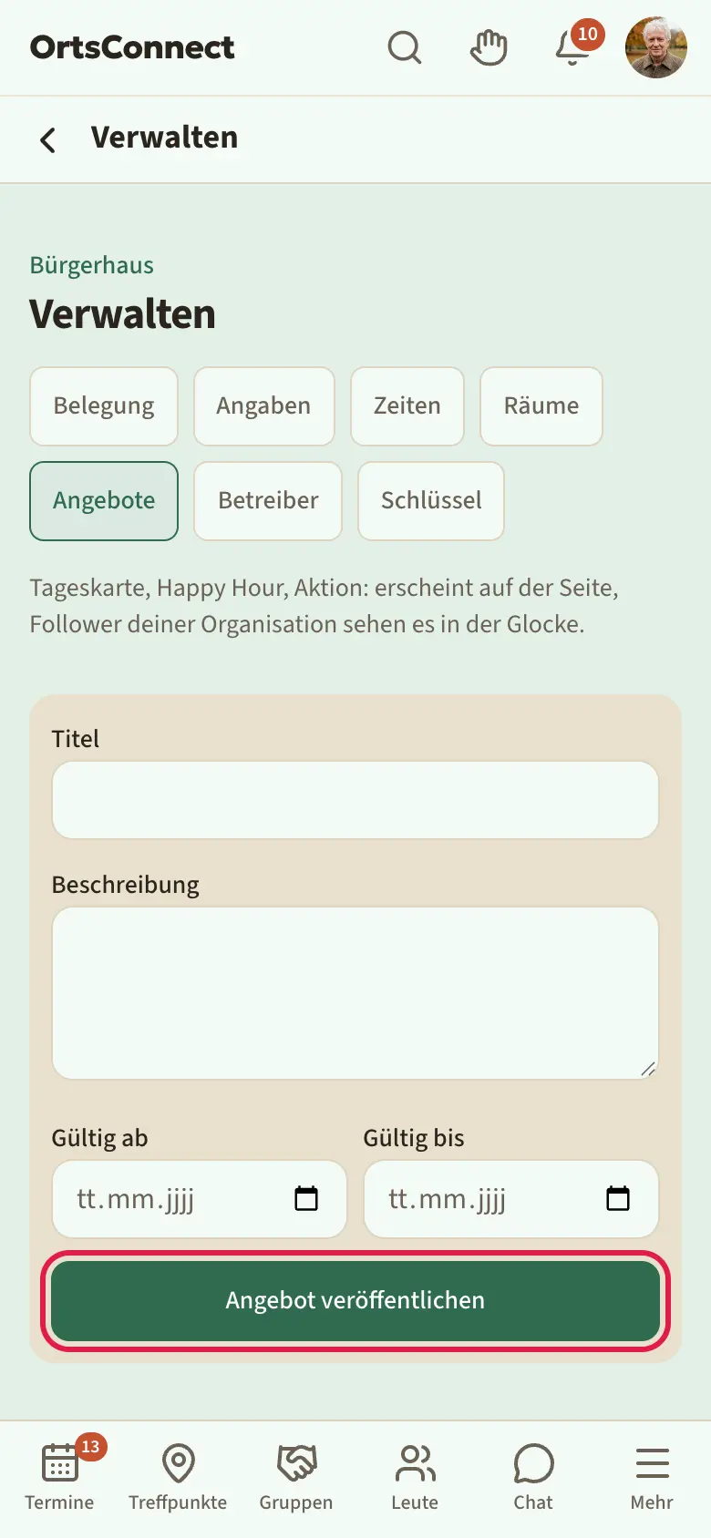 Verwaltung › Angebote, oben ein bestehendes Angebot mit Zeitraum und Mülleimer-Symbol, darunter das ausgefüllte Formular mit Knopf „Angebot veröffentlichen“