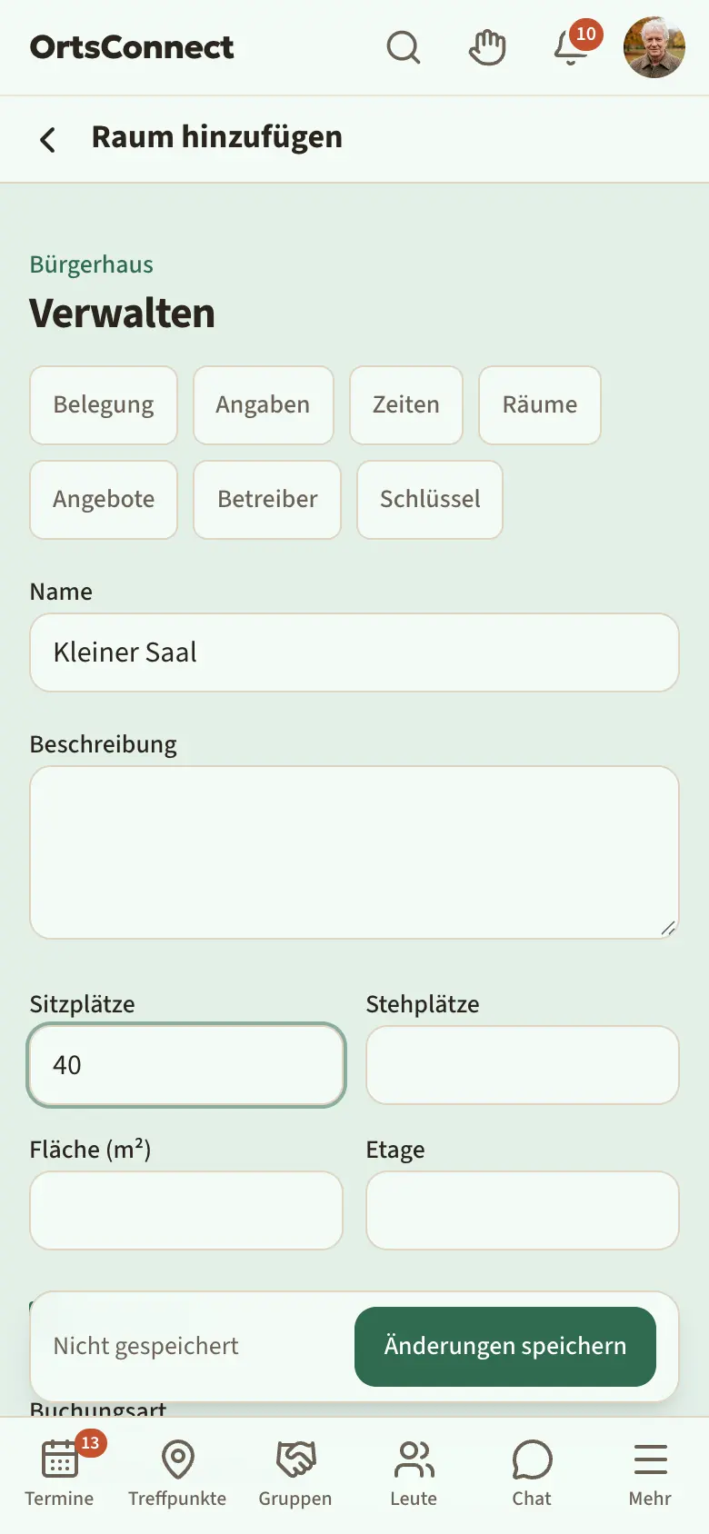 Verwaltung › Räume › Raum hinzufügen, ausgefüllt mit Name, Sitzplätzen, Fläche, Häkchen „Buchbar“, „Buchungsart: wie beim Treffpunkt“ und Preis pro Stunde
