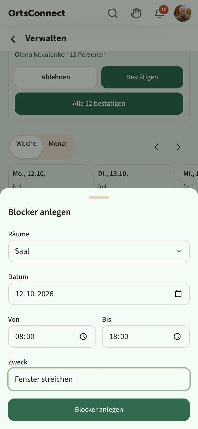 geöffnetes Fenster „Blocker anlegen“ mit Raum, Datum, Von, Bis und Zweck ausgefüllt