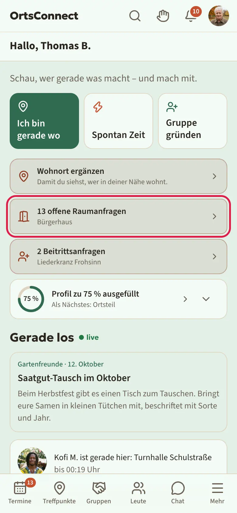 Bereich „Start“ mit der Kachel „2 offene Raumanfragen“ und dem Namen des Treffpunkts darunter, Kachel markiert