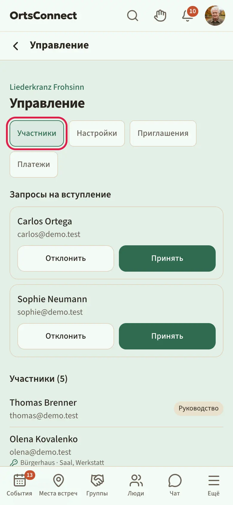 страница управления организацией с вкладками «Участники», «Настройки», «Приглашения», «Платежи»; «Участники» активна