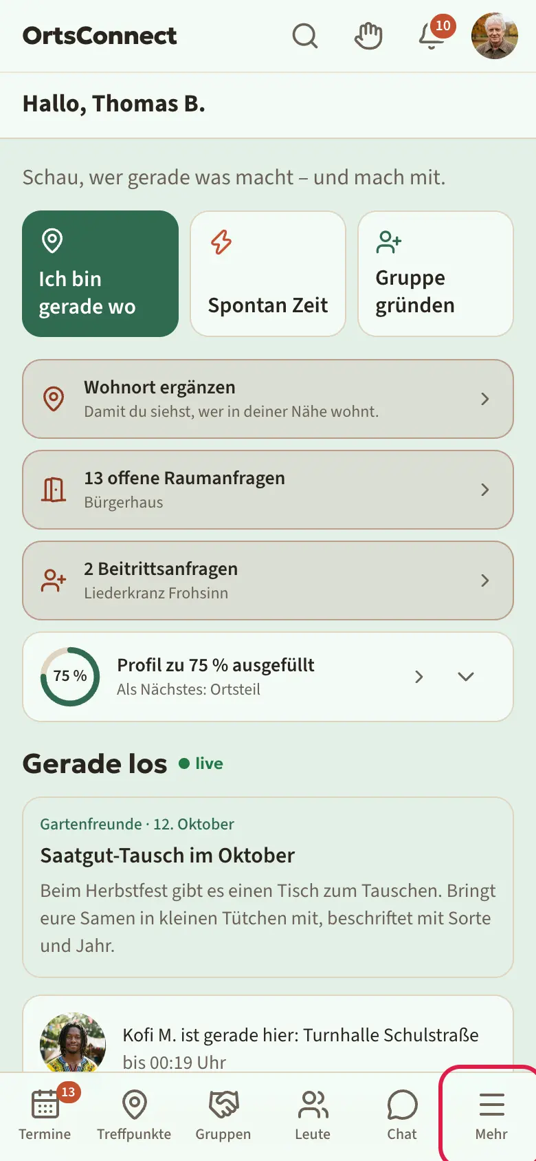 Startseite am Handy mit Kopfzeile (Logo, Suche, Glocke, Avatar), Leiste „Meine Organisationen“ und Tab-Leiste unten; „Mehr“ markiert (dort stehen die Vereine)