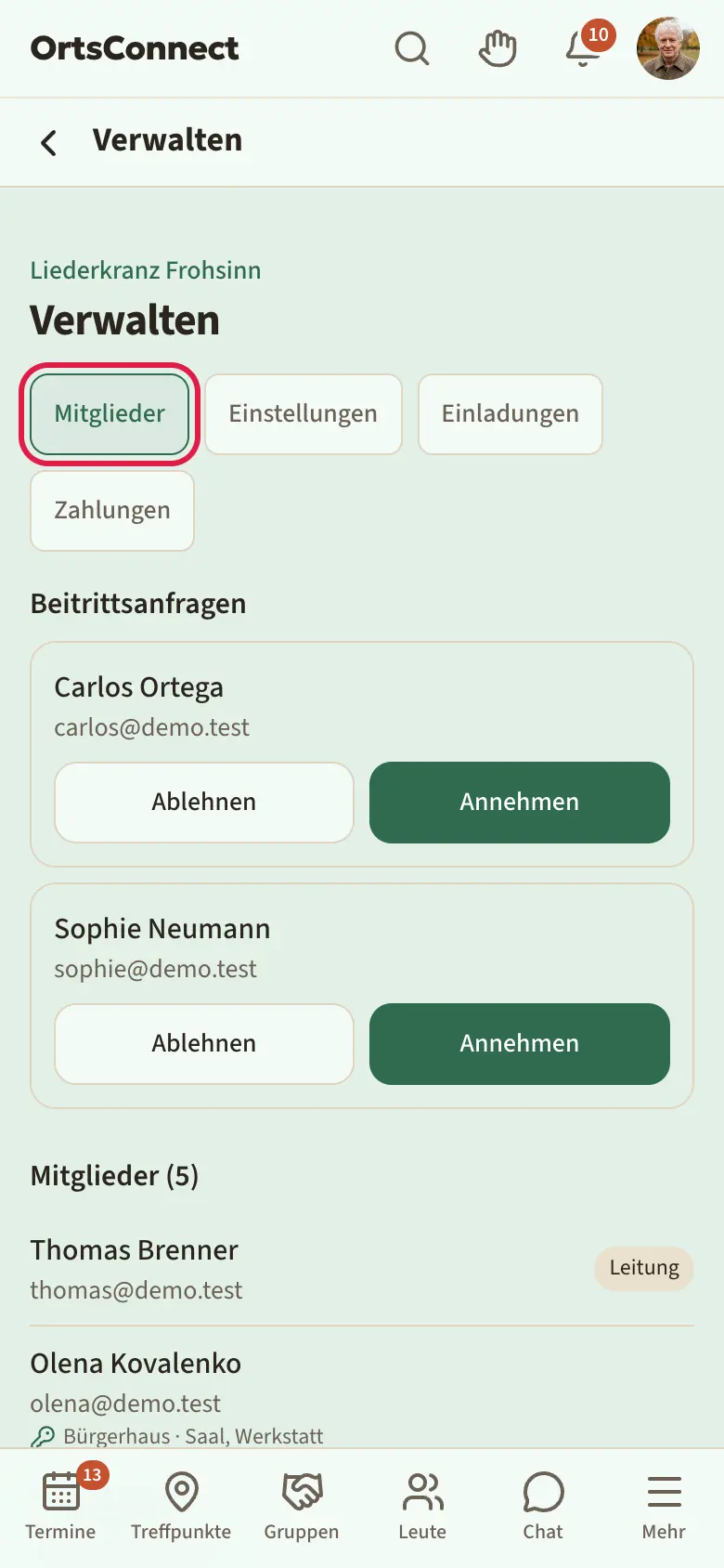 Verwaltungsseite einer Organisation mit den Reitern „Mitglieder“, „Einstellungen“, „Einladungen“, „Zahlungen“; „Mitglieder“ aktiv