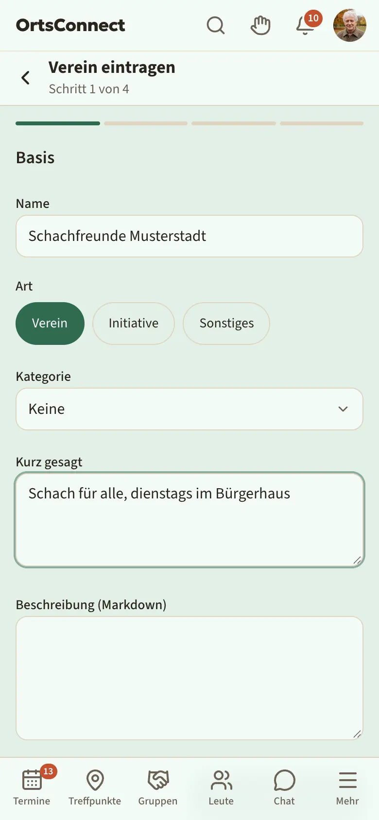 Assistent „Verein eintragen“, Schritt 1 „Basis“, Art „Verein“ ausgewählt, Felder Name, Kategorie und Kurz gesagt ausgefüllt