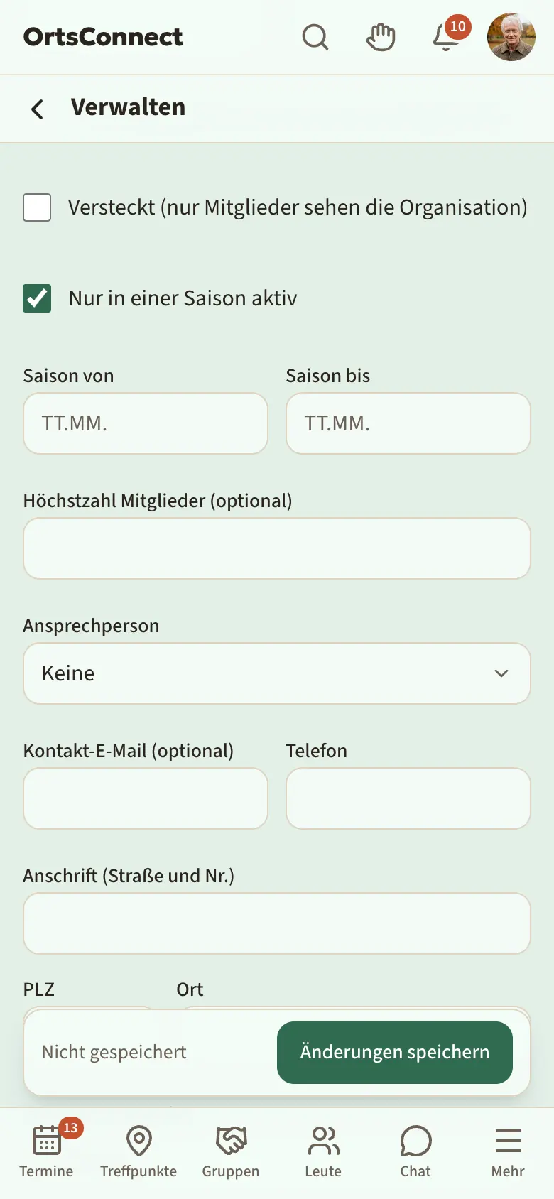 Einstellungen mit gesetztem Haken „Nur in einer Saison aktiv“ und ausgefüllten Feldern „Saison von“ und „Saison bis“