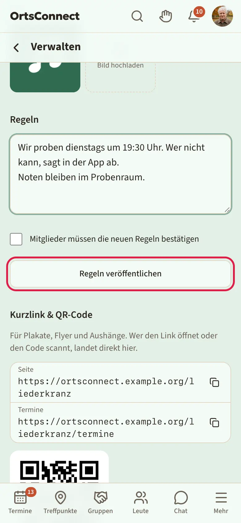 Einstellungen, Bereich „Regeln“ mit Versionsnummer, Textfeld, Haken „Mitglieder müssen die neuen Regeln bestätigen“ und Knopf „Regeln veröffentlichen“
