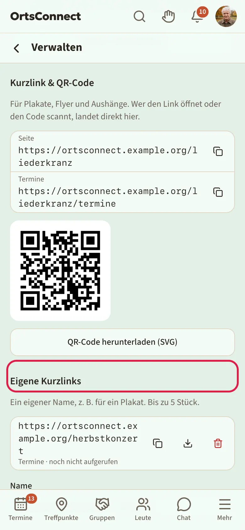 Einstellungen, Bereich „Kurzlink & QR-Code“ mit Seite und Terminen, QR-Code, einem eigenen Kurzlink „herbstkonzert“ und dem Formular „Kurzlink anlegen“