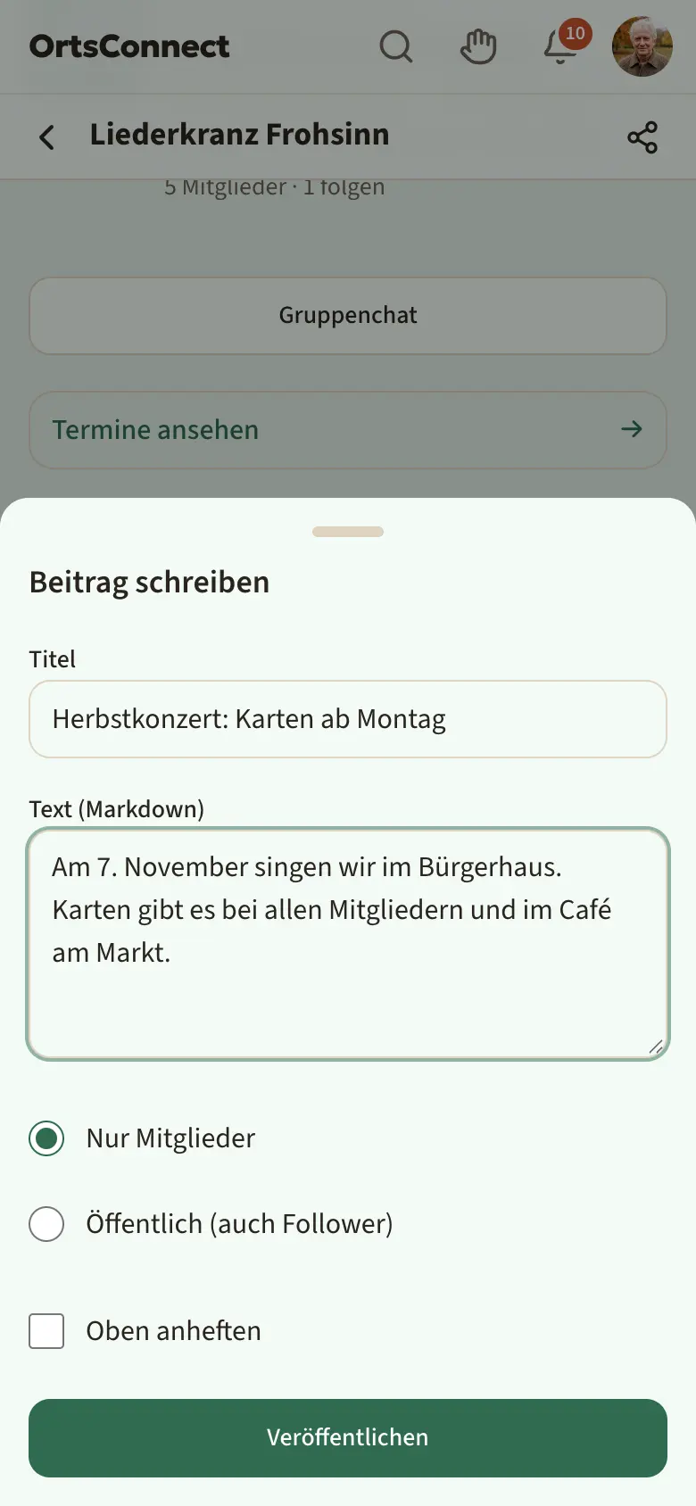 geöffnetes Fenster „Beitrag schreiben“ mit Titel, Text, Auswahl „Nur Mitglieder“ / „Öffentlich (auch Follower)“, Haken „Oben anheften“ und Knopf „Veröffentlichen“
