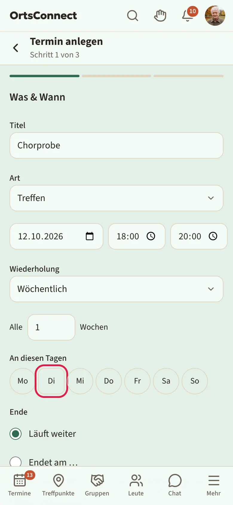 Assistent Schritt 1 mit Wiederholung „Wöchentlich“, „Alle 1 Wochen“, Wochentag Dienstag markiert und Feld „Bis (leer = laufend, 26 Wochen im Voraus)“