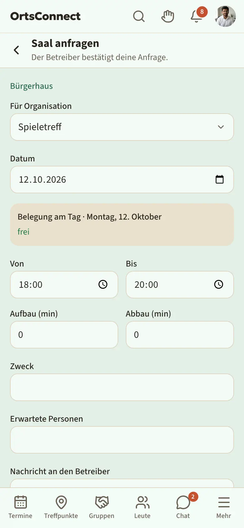 Seite „… anfragen“ mit Organisation, Datum, Belegung am Tag, Von/Bis, Aufbau/Abbau, Zweck und Knopf „Anfrage senden“